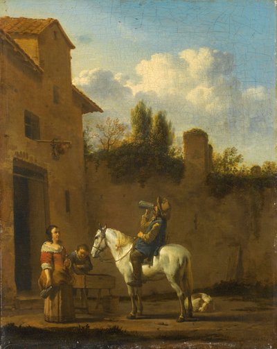 Montert trompetist tar en drink, 1650-60 av Karel Dujardin