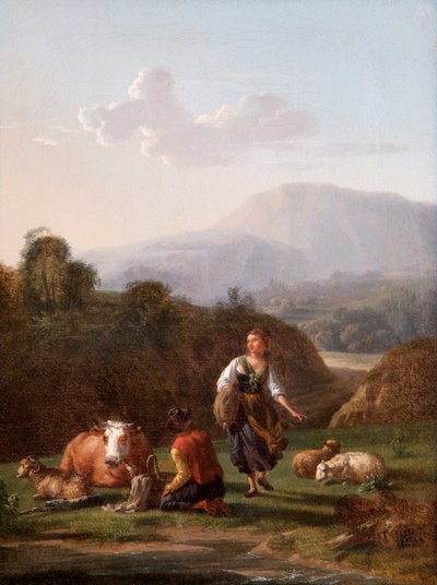 The River Bank: Landscape with Figures and Cattle (olje på lerret) av Karel Dujardin