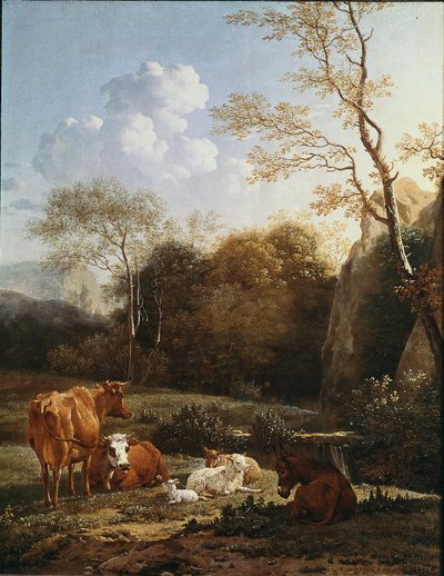 Dyrets bocage nær en bekk. Maleri av Karel Dujardin (1622-1678) 1656 søn. 52x43 cm Paris, Musée du Louvre av Karel Dujardin