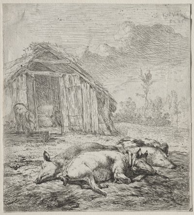 Tre svin som ligger foran en sti av Karel Dujardin