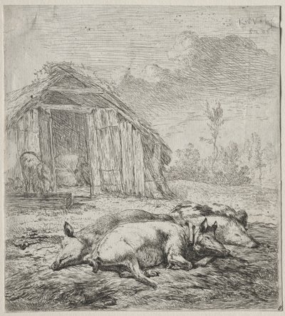 Tre svin som ligger foran en sti. av Karel Dujardin