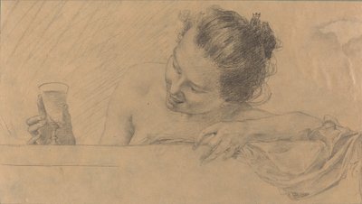 Kvinne i Bath, holder et glass vin av Karel Vitezslav Masek