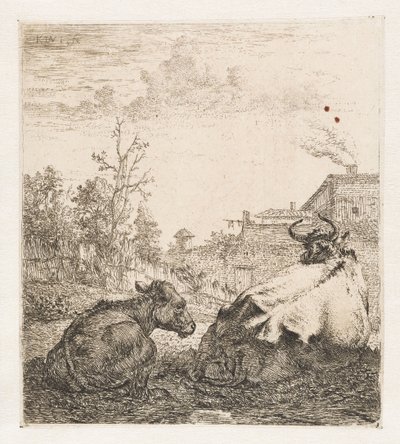 Liggende ku med kalv Dyr (serietittel) av Karel du Jardin (signed by artist)