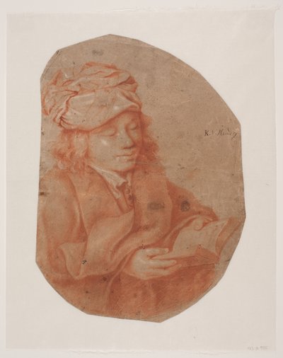 Lesende ung mann med et skjerf surret rundt hodet. av Karel van III Mander