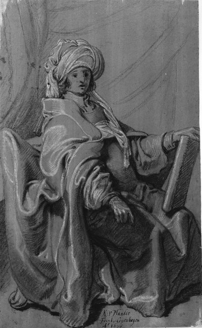 Sittende figur i kappe og turban, holder en bok. Vender mot høyre. av Karel van III Mander