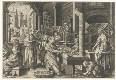 Rulling av silken Introduksjon av silkeorm og silkeproduksjon i Europa (serietittel) Vermis Sericus (serietittel på objekt) av Karel van Mallery