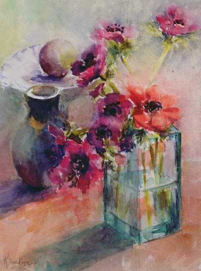Anemoner i grønn glassvase, 2002 av Karen Armitage