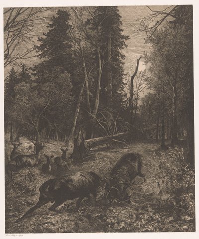 Skogutsikt med to kjempende rådyr av Karl Bodmer