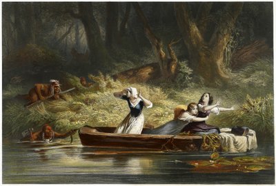 Capture of the Daughters of Daniel Boone og Richard Callaway av indianerne, pub. 1852 (fargegravering) av Karl Bodmer