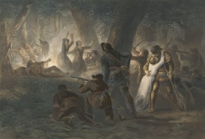 Deliverance of the Daughters of Daniel Boone og Richard Callaway, pub. 1852 (fargegravering) av Karl Bodmer