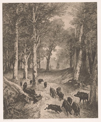 Gruppe villsvin på flukt fra to jegere på hesteryggen av Karl Bodmer