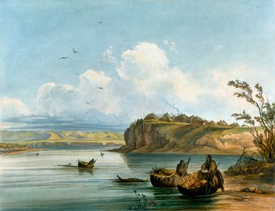 Mandan indianske kvinner krysser Missouri-elven på båter laget av bøffelskinn, indiansk sivilisasjon, USA av Karl Bodmer