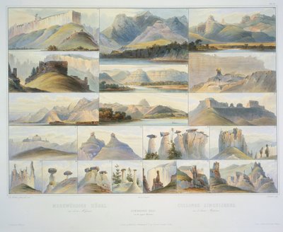 Remarkable Hills on the Upper Missouri, gravert av F. Salathe, publiseres i 1839 (akvatint) av Karl Bodmer