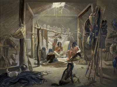 The Interior of a Hut of a Mandan Chief, plate 19 fra bind 2 av Travels in the Interior of North America, gravert av Narcisse Desmadryl, 1844 farget akvatintdetalj av 103848 av Karl Bodmer