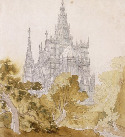 En gotisk katedral nær Bauman; En gotisk katedral bak trær, 1814-15 av Karl Friedrich Schinkel