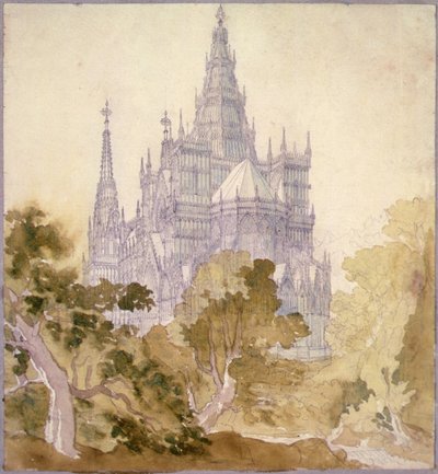 Et skogkledd landskap med en gotisk kirke (blyant, blekk og akvarell) av Karl Friedrich Schinkel