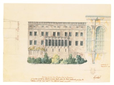 Et design for et nytt trapperom for nordfasaden til Schloss ved Stettin, med en understudie av loggiaen, et tverrsnitt av fasaden og en engasjert pilaster, ca. 1840 (blyant, penn og blekk og av Karl Friedrich Schinkel