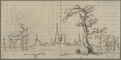 Utsikt over en by med en høyt ruvende katedral i et vinterlandskap av Karl Friedrich Schinkel