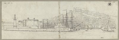 Utsikt over Napoli med havnen, Castel Nuovo, fyrtårnet og Castel Sant