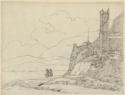 Fjellandskap med tårnruiner og figurer av Karl Friedrich Schinkel