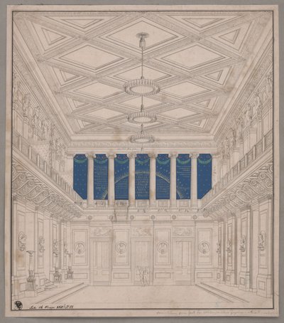 Berlin. Schauspielhaus på Gendarmenmarkt, konsertsal. Dekorasjon til naturforskernes fest av Karl Friedrich Schinkel