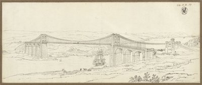 Utsikt over hengebroen over Menai-stredet nær Bangor i Wales av Karl Friedrich Schinkel
