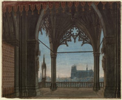 Jomfruen fra Orléans. Sørgespill av Friedrich Schiller. Utkast til den 8. dekorasjonen. Gotisk hall med utsikt over Reims av Karl Friedrich Schinkel