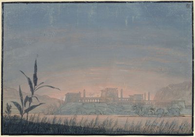 Tryllefløyten. Opera av Wolfgang Amadeus Mozart. Utkast til den 10. dekorasjonen. Landskap med Sarastros borg av Karl Friedrich Schinkel