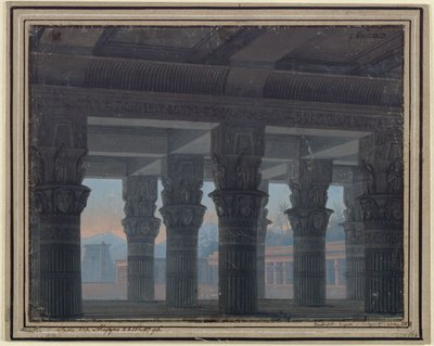 Tryllefløyten. Opera av Wolfgang Amadeus Mozart. Utforming av den 8. dekorasjonen. Labyrintens forhall av Karl Friedrich Schinkel
