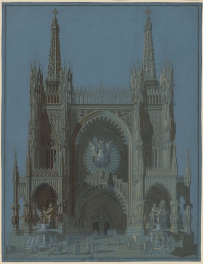 Fasade på en gotisk katedral med to tårn av Karl Friedrich Schinkel