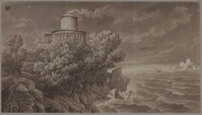 Klippete kyst med et fyr i antikk stil i urolig sjø av Karl Friedrich Schinkel
