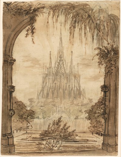 Gotisk katedral bak en dam med svaner av Karl Friedrich Schinkel