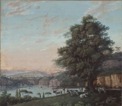Italiensk ideallandskap med tre, flokk og fjell av Karl Friedrich Schinkel