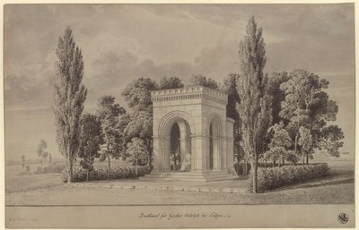 Lützen. Utkast til et monument for Sveriges kong Gustav II Adolf i form av en romansk hall over Svenskesteinen med en tilføyd apsis. Ansikt av Karl Friedrich Schinkel