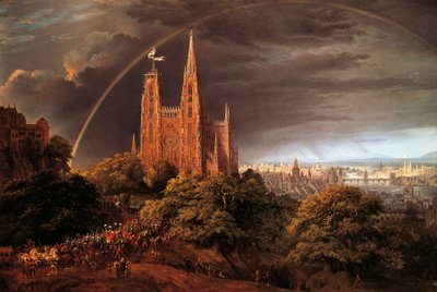 Middelalderby ved bredden av elven, av Karl Friedrich Schinkel (1781-1841) av Karl Friedrich Schinkel