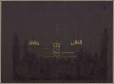 Merseburg. Slott. Utkast til illuminering av slottet i anledning hyllestfeiringen for Fredrik Vilhelm III av Preussen av Karl Friedrich Schinkel
