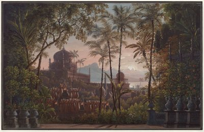 Nurmahal eller rosefesten i Kashmir. Opera av Gaspare Spontini. Utkast til 1. dekorasjon. Slottspark med utsikt over Kashmir av Karl Friedrich Schinkel