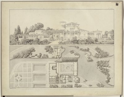 Potsdam-Sanssouci. Romerske bad ved Charlottenhof slott. Sett fra vest og grunnplan av gartnerhuset av Karl Friedrich Schinkel