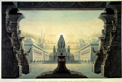 Teaterdekor: Dekor for operaen «La flute enchante (Die Zauberflote) av Wolfgang Amadeus Mozart, på en libretto av Emanuel Schikaneder. Tegning av Karl Schinkel (1781-1841) av Karl Friedrich Schinkel