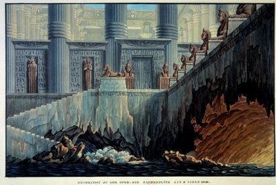 Teaterdekor for den fortryllende fløyten (Opera "" Die Zauberflote"" av Wolfgang Amadeus Mozart). Gravering av Karl Schinkel (1781-1841) Ec. Alle. av Karl Friedrich Schinkel