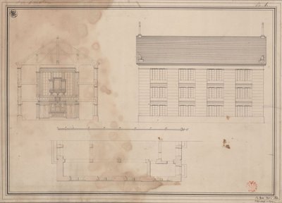 Tillendorf (Bolesławice, regjeringsdistriktet Liegnitz). Utkast til den evangeliske kirken. Grunnplan, oppriss av sidefasaden og tverrsnitt av Karl Friedrich Schinkel