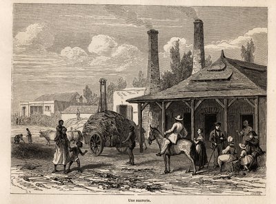 En sukkerfabrikk fra Riviere du Rempart, i Mauritius, tegning av Karl Girardet (1813-1871), for å illustrere Alfred Verneys opphold på Mauritius i 1861. Gravering i “” Le tour du monde””, redigert av Edouard Charton av Karl Girardet