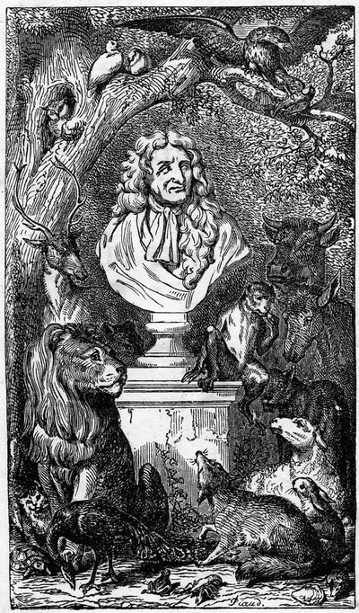 Allegorisk byste av Jean de La Fontaine, omgitt av dyr; frontispice av en bok av Fables de la Fontaine av Karl Girardet