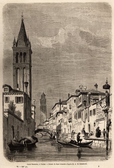 Rezonico-kanalen, tegning av Karl Girardet (1813-1871), for å illustrere Adalbert de Beaumonts reise til Venezia, ca. 1850. Gravering i "" Le tour du monde", redigert av Edouard Charton av Karl Girardet