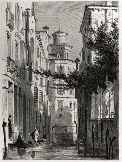 Palasset til Bianca Cappello i Venezia, Venezia. tegning av Karl Girardet (1813-1871), for å illustrere Adalbert de Beaumonts reise til Venezia, rundt 1850. Gravering i «» Le tour du monde», redigert av Edouard Charton av Karl Girardet