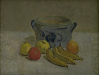Stilleben med grå krukke, epler og bananer av Karl Isakson