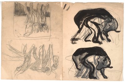 T.v: to komposisjonsskisser med et hukende menneske under et bjørnelignende dyr. T.h.: to komposisjonsskisser med flere figurer av Karl Isakson
