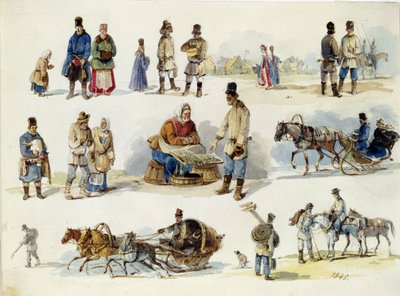 Russiske folketyper. (Folketyper av Russland). Verk av Karl Ivanovich Kolmann (1786-1846), akvarell på papp av Karl Ivanovich Kolmann