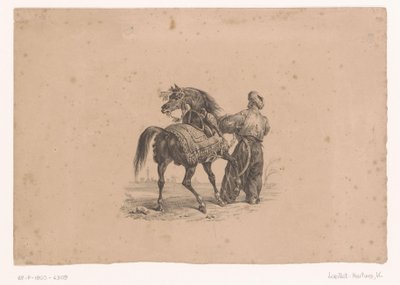 Hest og stående mann i osmanske klær Hester og ryttere (serietittel) av Karl Loeillot Hartwig