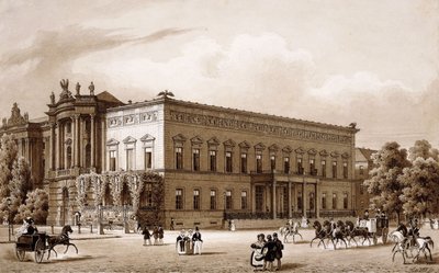 Unter den Linden, Berlin. palasset til prins Wilhelm, bygget av Karl Langhans i 1834-36, og det kongelige bibliotek, bygget av Georg Christian Unger 1775-78 etter planer av Josef Emanuel Fischer von Erlach, med utsikt over Platz am Opernhaus, av Karl Loeillot-Hartwig